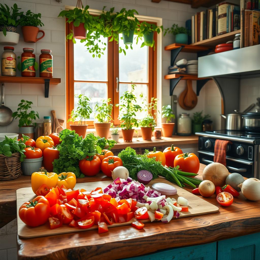 A vibrant and colorful kitchen scene filled with fresh vegetables, aromatic herbs, and various cooking utensils