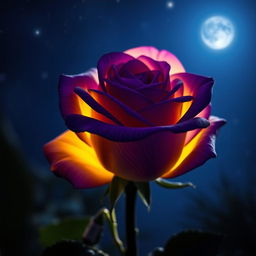 A beautiful violet rose with yellow highlights glowing under the night sky, the petals delicately unfolding, surrounded by soft twilight shadows