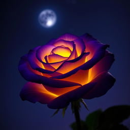 A beautiful violet rose with yellow highlights glowing under the night sky, the petals delicately unfolding, surrounded by soft twilight shadows