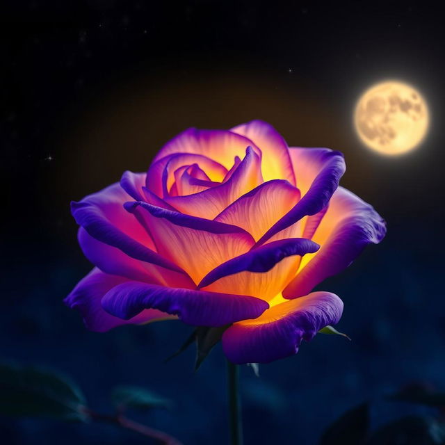 A beautiful violet rose with yellow highlights glowing under the night sky, the petals delicately unfolding, surrounded by soft twilight shadows
