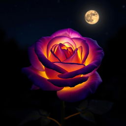 A beautiful violet rose with yellow highlights glowing under the night sky, the petals delicately unfolding, surrounded by soft twilight shadows