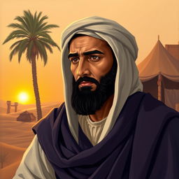 A historical portrait of Umar bin Khattab, the second caliph of Islam, depicted wearing traditional early Islamic attire with a flowing robe and headdress, set against a backdrop of a desert landscape with palm trees and a setting sun