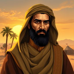 A historical portrait of Umar bin Khattab, the second caliph of Islam, depicted wearing traditional early Islamic attire with a flowing robe and headdress, set against a backdrop of a desert landscape with palm trees and a setting sun