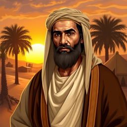 A historical portrait of Umar bin Khattab, the second caliph of Islam, depicted wearing traditional early Islamic attire with a flowing robe and headdress, set against a backdrop of a desert landscape with palm trees and a setting sun