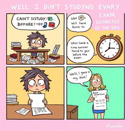 A comic strip illustrating a humorous scenario about a student who didn't study before an exam