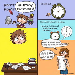 A comic strip illustrating a humorous scenario about a student who didn't study before an exam