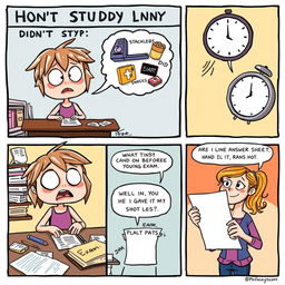 A comic strip illustrating a humorous scenario about a student who didn't study before an exam
