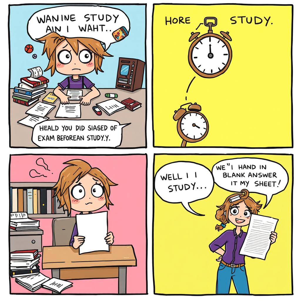 A comic strip illustrating a humorous scenario about a student who didn't study before an exam
