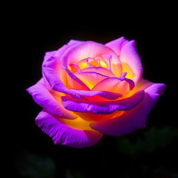 A beautiful violet rose with yellow highlights, illuminated against a dark night background