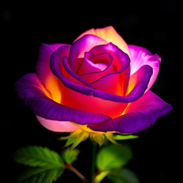 A beautiful violet rose with yellow highlights, illuminated against a dark night background