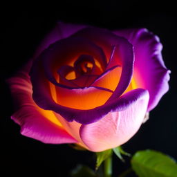 A beautiful violet rose with yellow highlights, illuminated against a dark night background