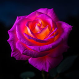 A beautiful violet rose with yellow highlights, illuminated against a dark night background