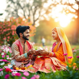 A heartwarming scene depicting a friendship between a Muslim boy and a Hindu girl in a vibrant park, surrounded by blooming flowers and lush greenery