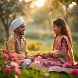 A heartwarming scene depicting a friendship between a Muslim boy and a Hindu girl in a vibrant park, surrounded by blooming flowers and lush greenery