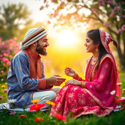 A heartwarming scene depicting a friendship between a Muslim boy and a Hindu girl in a vibrant park, surrounded by blooming flowers and lush greenery