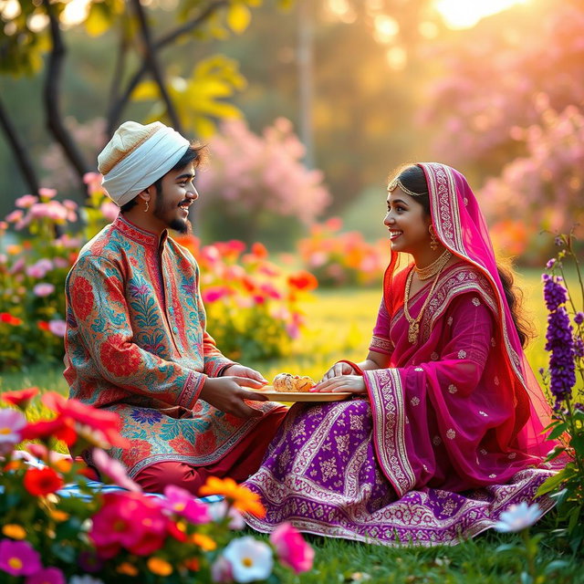 A heartwarming scene depicting a friendship between a Muslim boy and a Hindu girl in a vibrant park, surrounded by blooming flowers and lush greenery