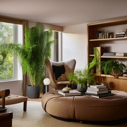 A stylish and cozy living room with comfortable seating, a coffee table, bookshelf, lush indoor plants, natural light filtering from large windows and soft ambient lighting for evening