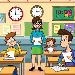 A colorful clipart scene depicting a classroom at 10:00 AM, showcasing students seated at their desks ready to take their fourth exam