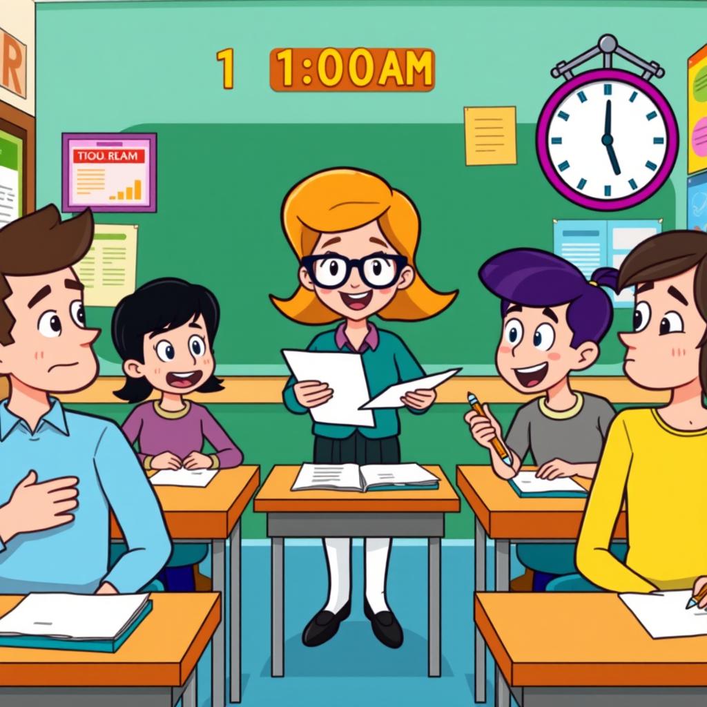 A colorful clipart scene depicting a classroom at 10:00 AM, showcasing students seated at their desks ready to take their fourth exam