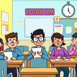 A colorful clipart scene depicting a classroom at 10:00 AM, showcasing students seated at their desks ready to take their fourth exam