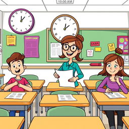 A colorful clipart scene depicting a classroom at 10:00 AM, showcasing students seated at their desks ready to take their fourth exam