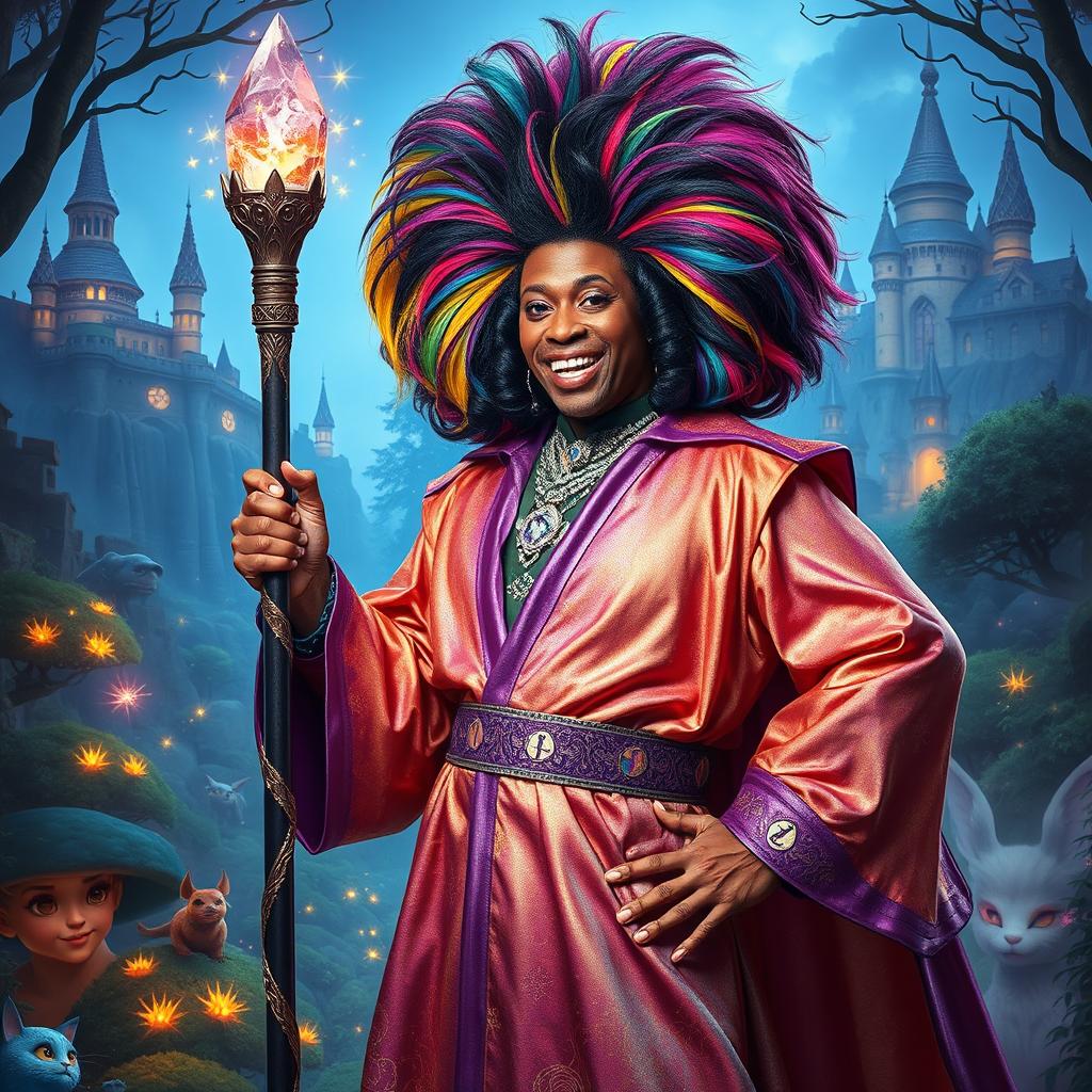 RuPaul as a flamboyant D&D mage, wearing a vibrant, shimmering robe adorned with stars and magical runes