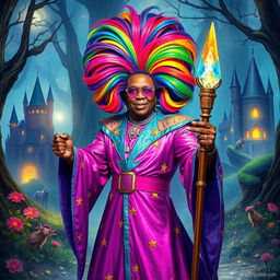 RuPaul as a flamboyant D&D mage, wearing a vibrant, shimmering robe adorned with stars and magical runes