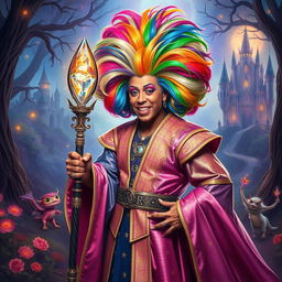 RuPaul as a flamboyant D&D mage, wearing a vibrant, shimmering robe adorned with stars and magical runes
