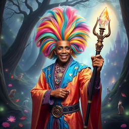 RuPaul as a flamboyant D&D mage, wearing a vibrant, shimmering robe adorned with stars and magical runes