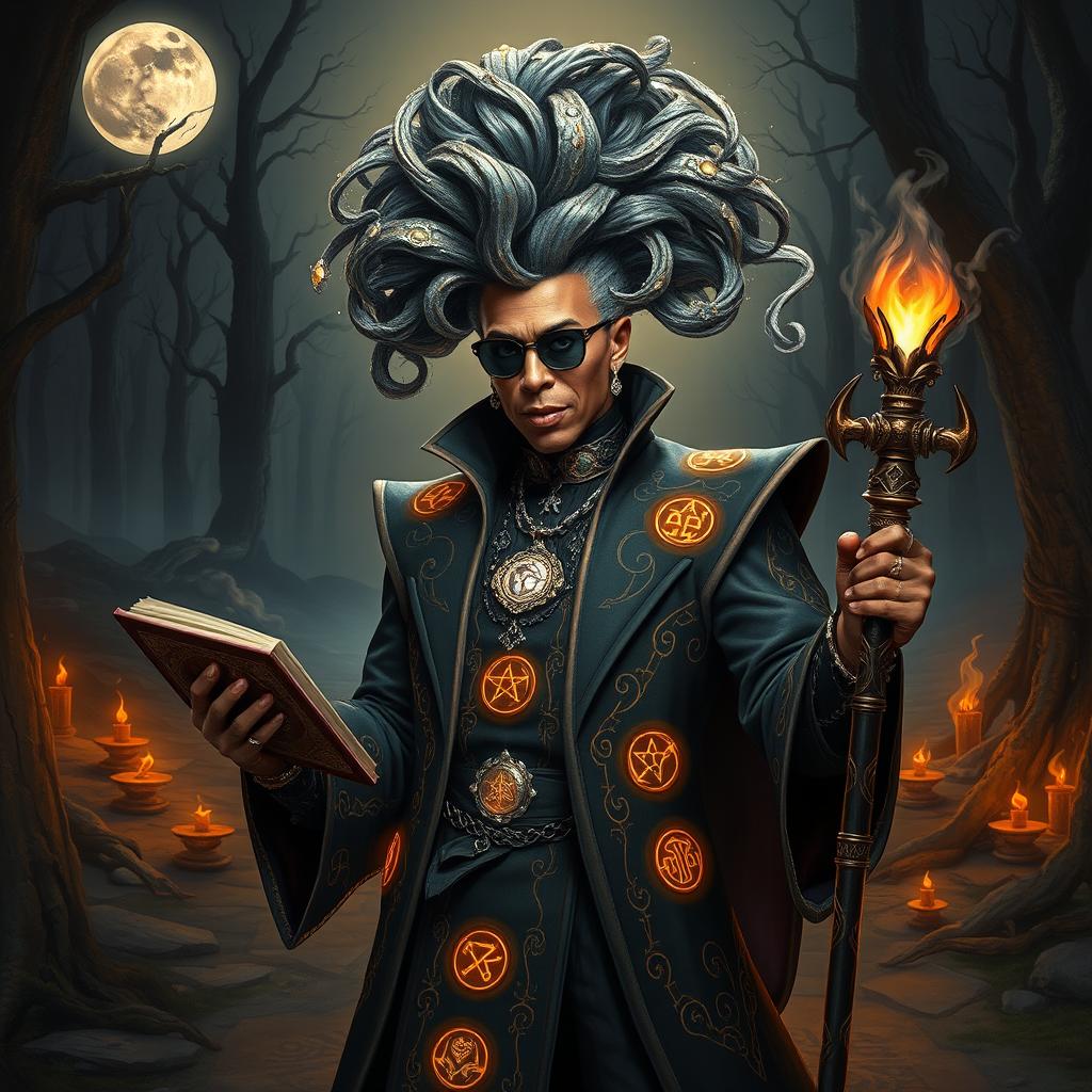 RuPaul as a charismatic D&D warlock, dressed in a lavish, darkly elegant robe embedded with glowing sigils and arcane symbols