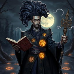 RuPaul as a charismatic D&D warlock, dressed in a lavish, darkly elegant robe embedded with glowing sigils and arcane symbols