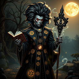 RuPaul as a charismatic D&D warlock, dressed in a lavish, darkly elegant robe embedded with glowing sigils and arcane symbols