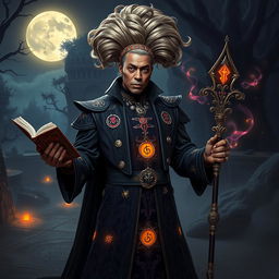 RuPaul as a charismatic D&D warlock, dressed in a lavish, darkly elegant robe embedded with glowing sigils and arcane symbols