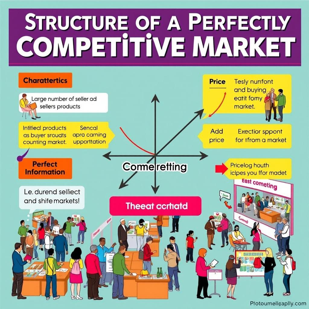 A colorful and informative poster illustrating the structure of a perfectly competitive market