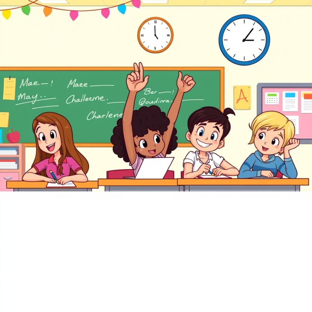A lively clipart scene depicting four friends—Mae, Georgina, Charlene, and another friend—sitting together at desks in a bright, cheerful classroom while answering an exam