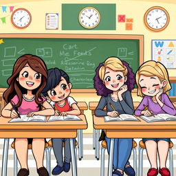 A lively clipart scene depicting four friends—Mae, Georgina, Charlene, and another friend—sitting together at desks in a bright, cheerful classroom while answering an exam