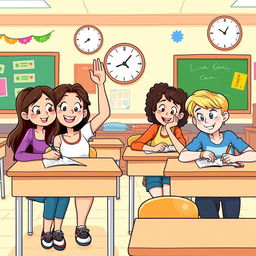 A lively clipart scene depicting four friends—Mae, Georgina, Charlene, and another friend—sitting together at desks in a bright, cheerful classroom while answering an exam