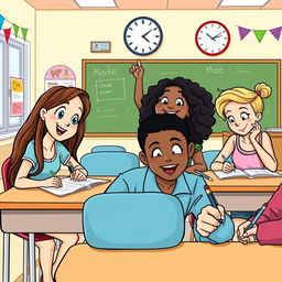 A lively clipart scene depicting four friends—Mae, Georgina, Charlene, and another friend—sitting together at desks in a bright, cheerful classroom while answering an exam