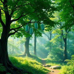 A picturesque forest scene depicting carbon credit generation, showcasing thriving greenery with diverse trees, lush undergrowth, and dappled sunlight filtering through the canopy