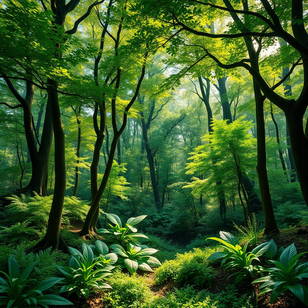 A picturesque forest scene depicting carbon credit generation, showcasing thriving greenery with diverse trees, lush undergrowth, and dappled sunlight filtering through the canopy