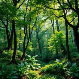A picturesque forest scene depicting carbon credit generation, showcasing thriving greenery with diverse trees, lush undergrowth, and dappled sunlight filtering through the canopy
