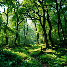 A picturesque forest scene depicting carbon credit generation, showcasing thriving greenery with diverse trees, lush undergrowth, and dappled sunlight filtering through the canopy