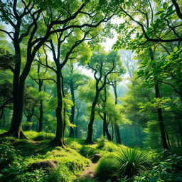 A picturesque forest scene depicting carbon credit generation, showcasing thriving greenery with diverse trees, lush undergrowth, and dappled sunlight filtering through the canopy