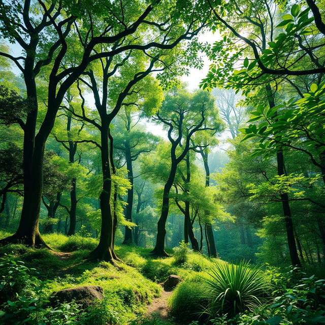 A picturesque forest scene depicting carbon credit generation, showcasing thriving greenery with diverse trees, lush undergrowth, and dappled sunlight filtering through the canopy