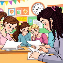 A lively clipart scene depicting four friends—Mae, Georgina, Charlene, and another friend—seriously focused on answering their exam papers in a bright, cheerful classroom