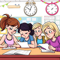 A lively clipart scene depicting four friends—Mae, Georgina, Charlene, and another friend—seriously focused on answering their exam papers in a bright, cheerful classroom