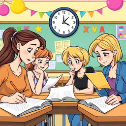 A lively clipart scene depicting four friends—Mae, Georgina, Charlene, and another friend—seriously focused on answering their exam papers in a bright, cheerful classroom