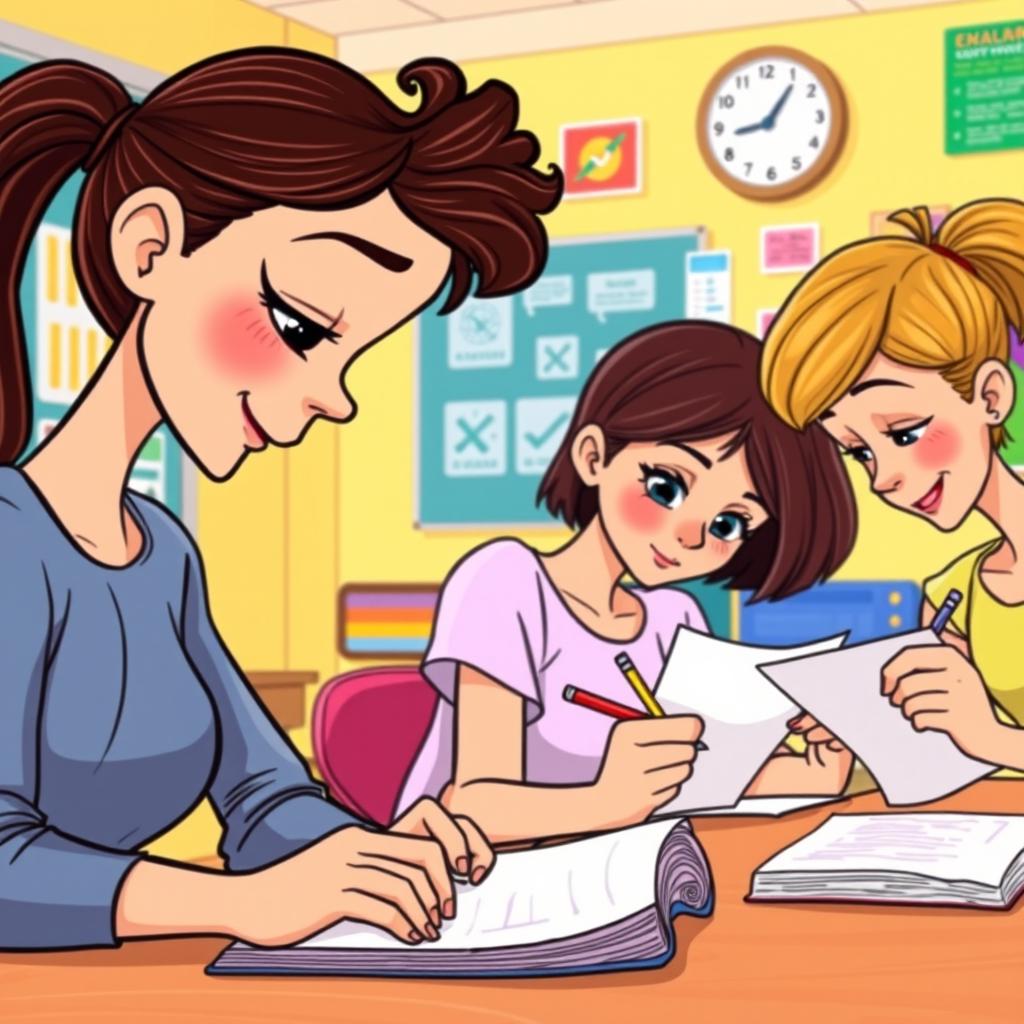 A cheerful clipart scene showing four friends—Mae, Georgina, Charlene, and another friend—intently focused on their own exam papers in a bright classroom