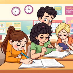 A cheerful clipart scene showing four friends—Mae, Georgina, Charlene, and another friend—intently focused on their own exam papers in a bright classroom