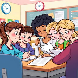 A cheerful clipart scene showing four friends—Mae, Georgina, Charlene, and another friend—intently focused on their own exam papers in a bright classroom